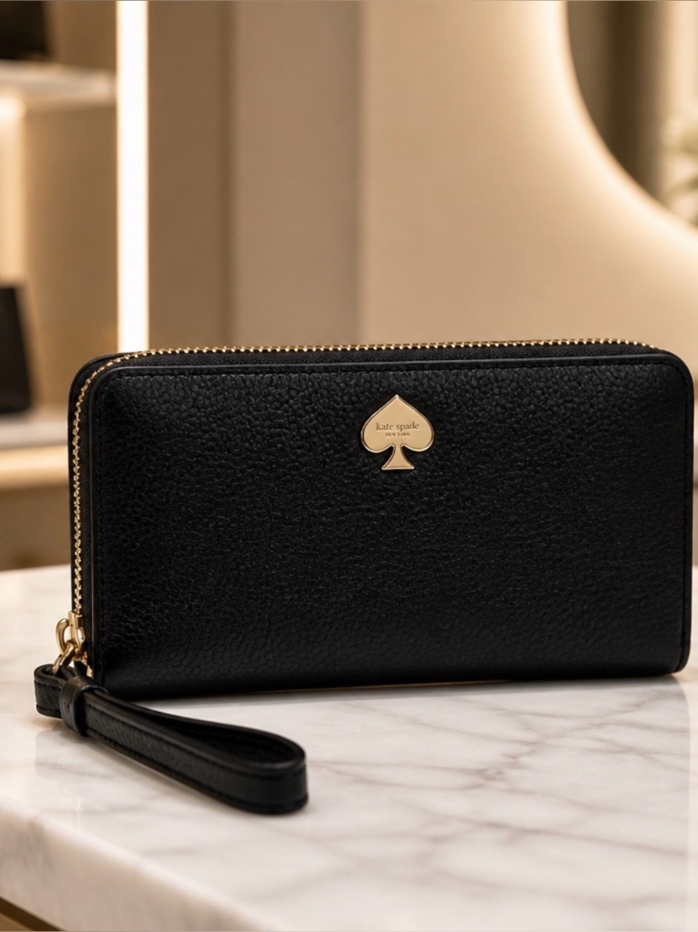 kate spade Black Leather Zip Around Wallet with Gold Spade Logo EUC